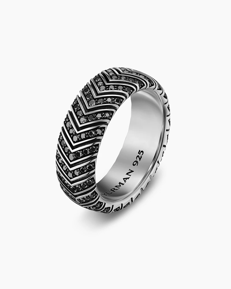 Chevron Band Ring in Sterling Silver with Black Diamonds, 8mm