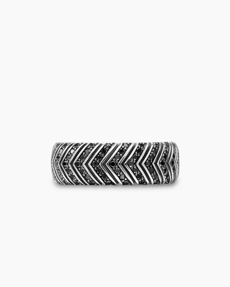Chevron Band Ring in Sterling Silver with Black Diamonds, 8mm