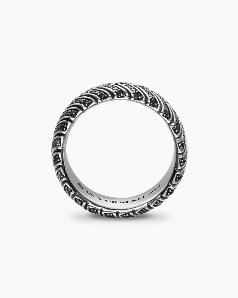 Chevron Band Ring in Sterling Silver with Black Diamonds, 8mm