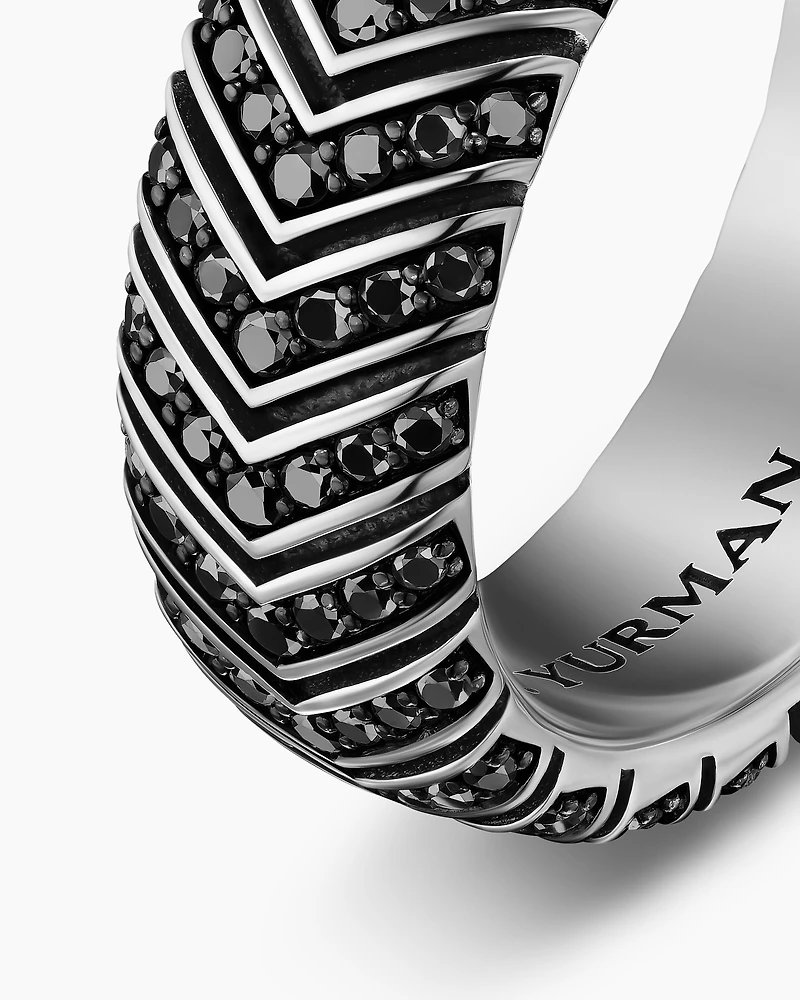 Chevron Band Ring in Sterling Silver with Black Diamonds, 8mm