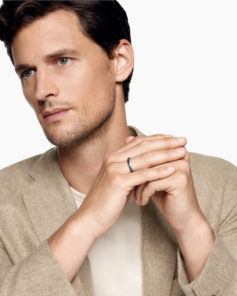 Beveled Band Ring in 18K White Gold with Black Diamonds, 3.5mm