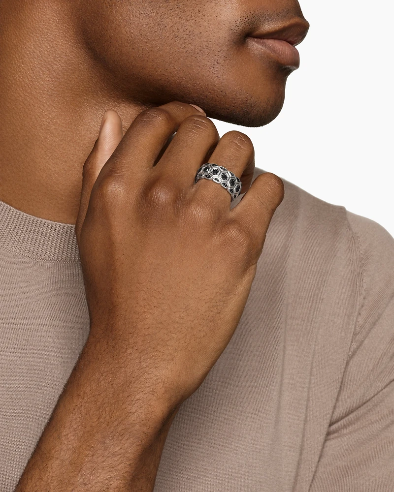 Hex Stack Ring Sterling Silver with Black Diamonds, 9.3mm