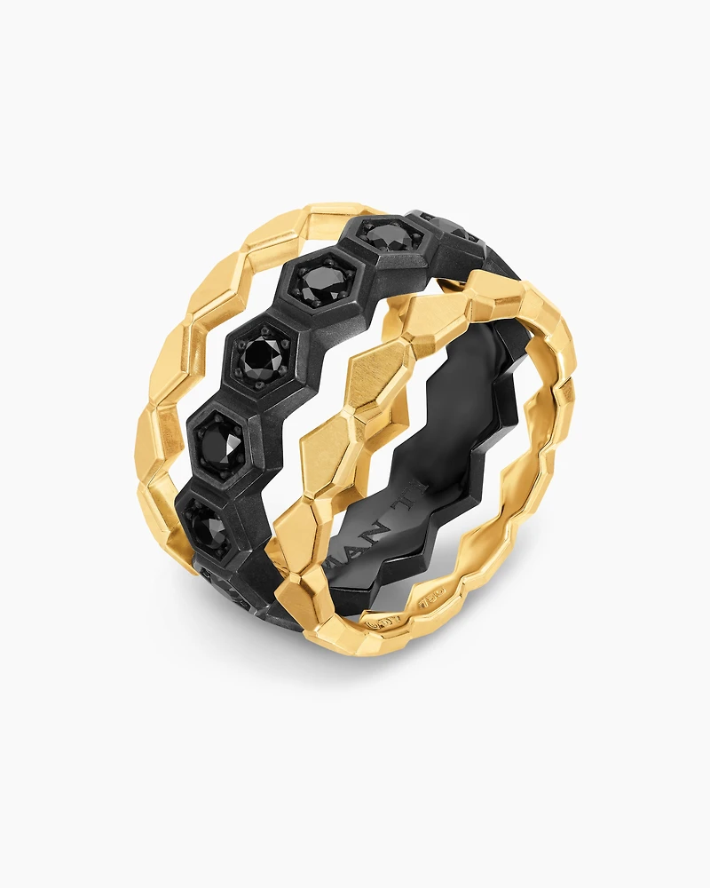 Hex Stack Ring Black Titanium with 18K Yellow Gold and Diamonds, 9.3mm