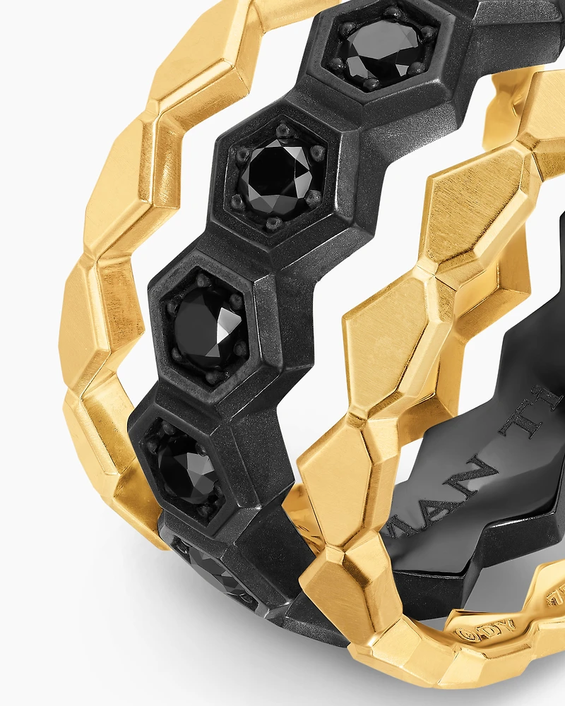 Hex Stack Ring Black Titanium with 18K Yellow Gold and Diamonds, 9.3mm