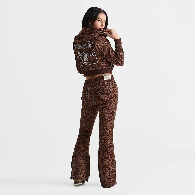 Women's True Religion Leopard Crystal Shrunken Big T Full-Zip Cropped Hoodie