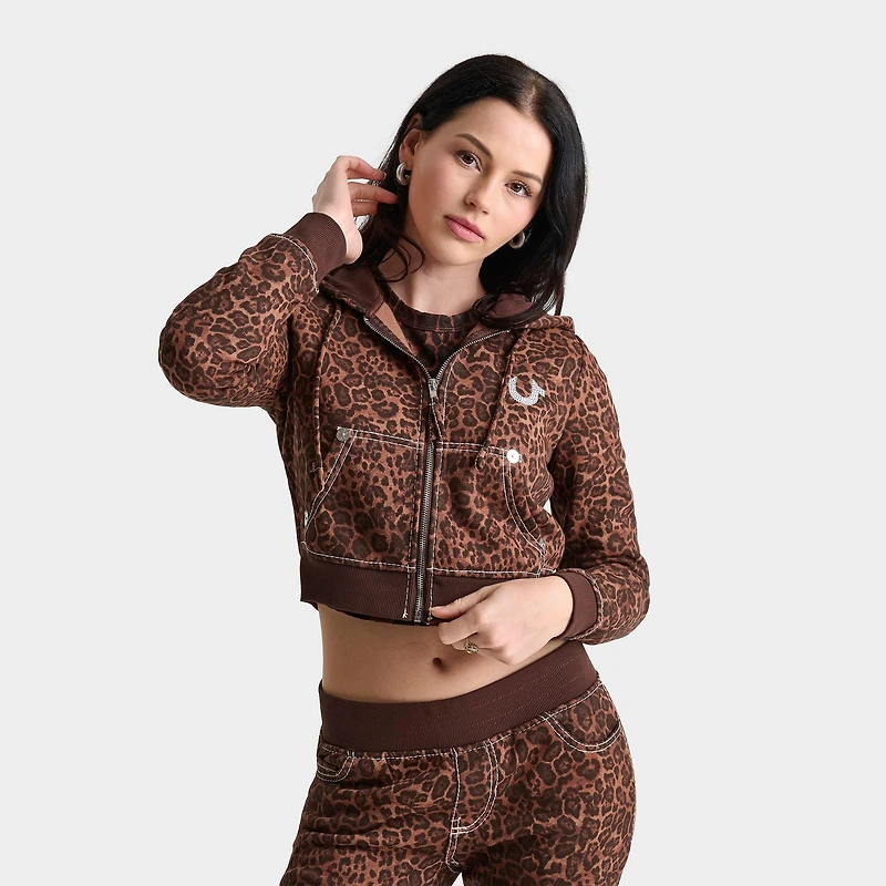 Women's True Religion Leopard Crystal Shrunken Big T Full-Zip Cropped Hoodie
