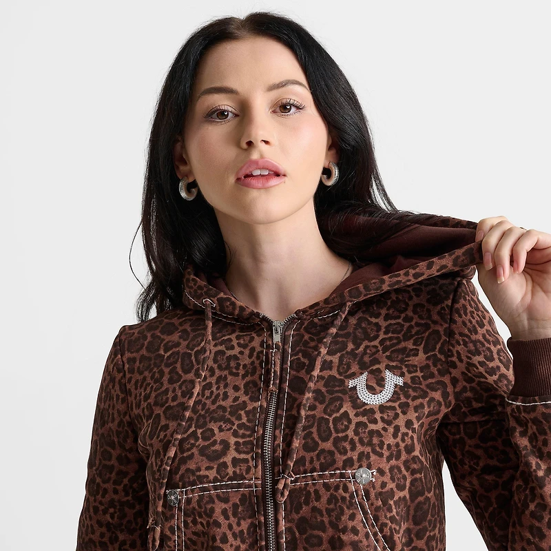 Women's True Religion Leopard Crystal Shrunken Big T Full-Zip Cropped Hoodie