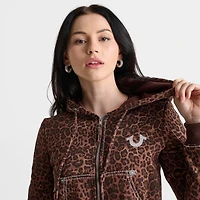 Women's True Religion Leopard Crystal Shrunken Big T Full-Zip Cropped Hoodie