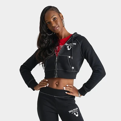Women's True Religion Crystal Wing Shrunken Full-Zip Cropped Hoodie
