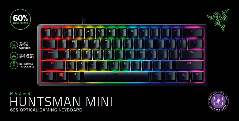 Razer Huntsman Mini 60 Percent Optical Gaming Keyboard (Clicky Purple Switch