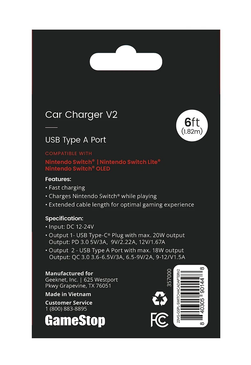 GameStop 6-ft Car Charger for Nintendo Switch, Nintendo Switch Lite