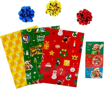 Super Mario 9-Piece Holiday Wrapping Paper Kit 3 Sheets, 3 Gift Tags, 3 Bows