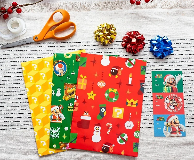 Super Mario 9-Piece Holiday Wrapping Paper Kit 3 Sheets, 3 Gift Tags, 3 Bows