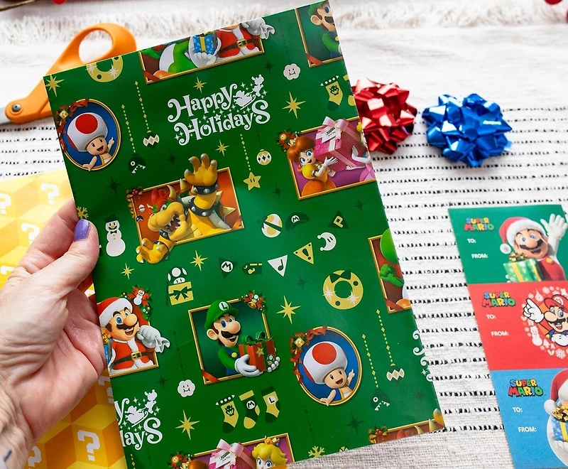 Super Mario 9-Piece Holiday Wrapping Paper Kit 3 Sheets, 3 Gift Tags, 3 Bows