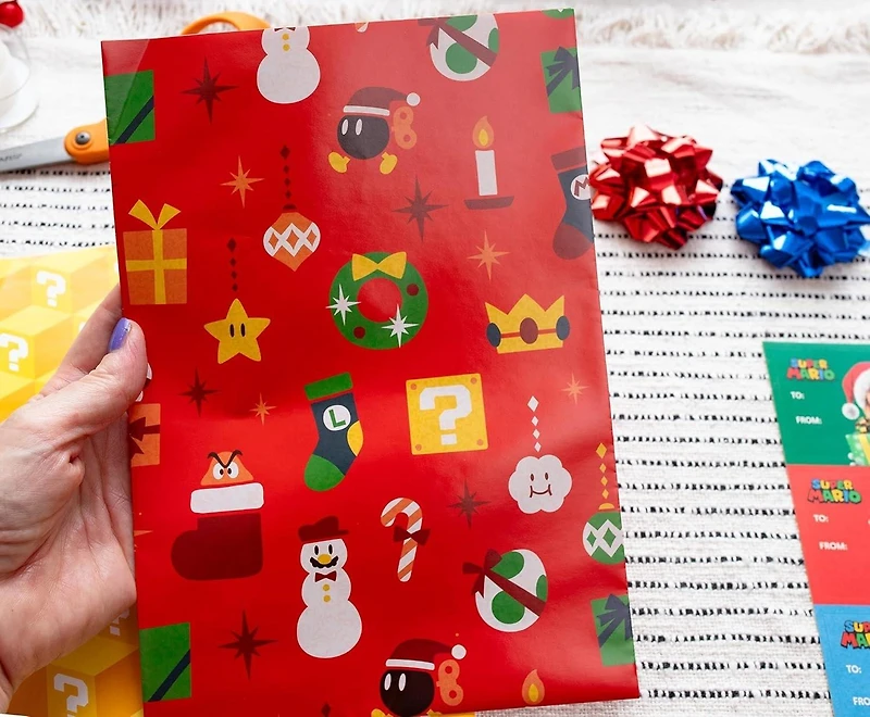 Super Mario 9-Piece Holiday Wrapping Paper Kit 3 Sheets, 3 Gift Tags, 3 Bows