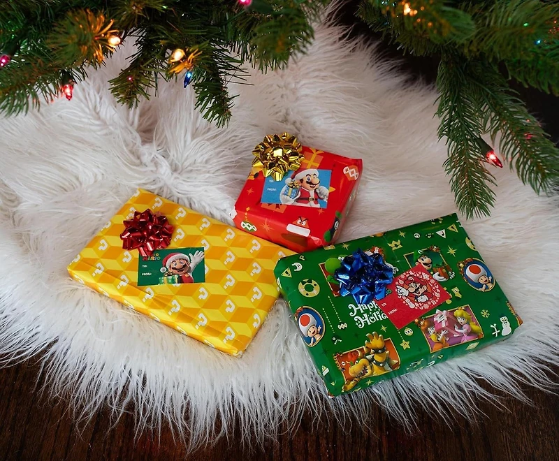 Super Mario 9-Piece Holiday Wrapping Paper Kit 3 Sheets, 3 Gift Tags, 3 Bows