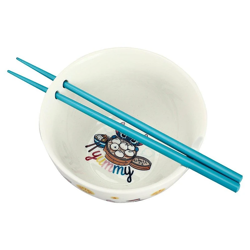 Stitch Food Icons Pattern White Ceramic Ramen Bowl with Chopsticks