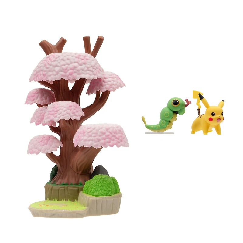 Jazwares Pokemon Select 6-in Spring Forest Environment Figure Pack with 2-in Figure Caterpie and Pikachu