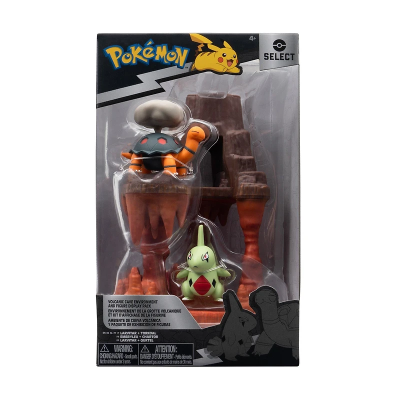 Jazwares Pokemon 6-in Volcanic Cave Environment Figure Pack with 2-in Figure Larvitar and Torkoal