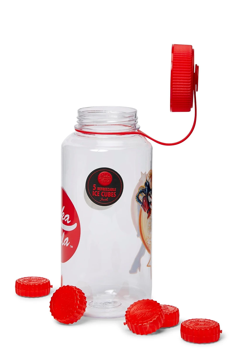 Fallout Nuka Cola Logo Plastic 34oz Water Bottle with Lid and Molded Ice Cubes