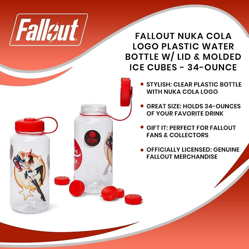 Fallout Nuka Cola Logo Plastic 34oz Water Bottle with Lid and Molded Ice Cubes