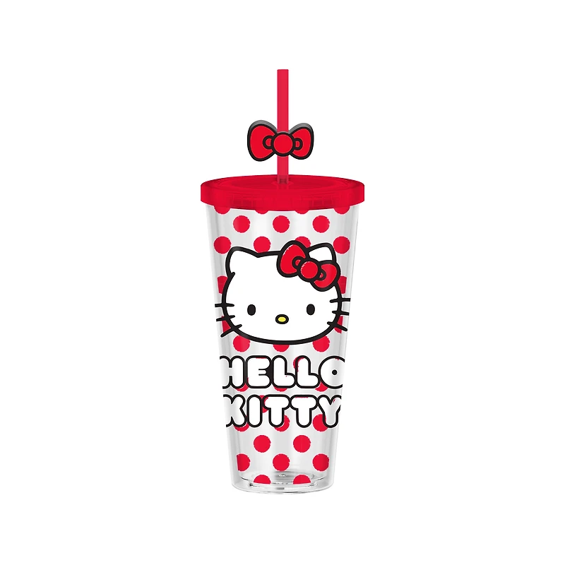 Sanrio Hello Kitty Face And Dots Red 24oz Plastic Cold Cup with Lid and Topper Straw