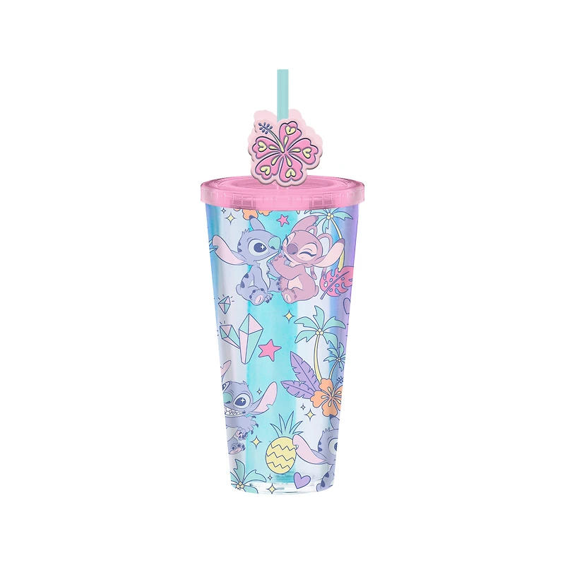 Lilo and Stitch - Stitch and Angel Pastel Pearlescent Plastic Cold 24oz Cup with Lid and Topper Straw