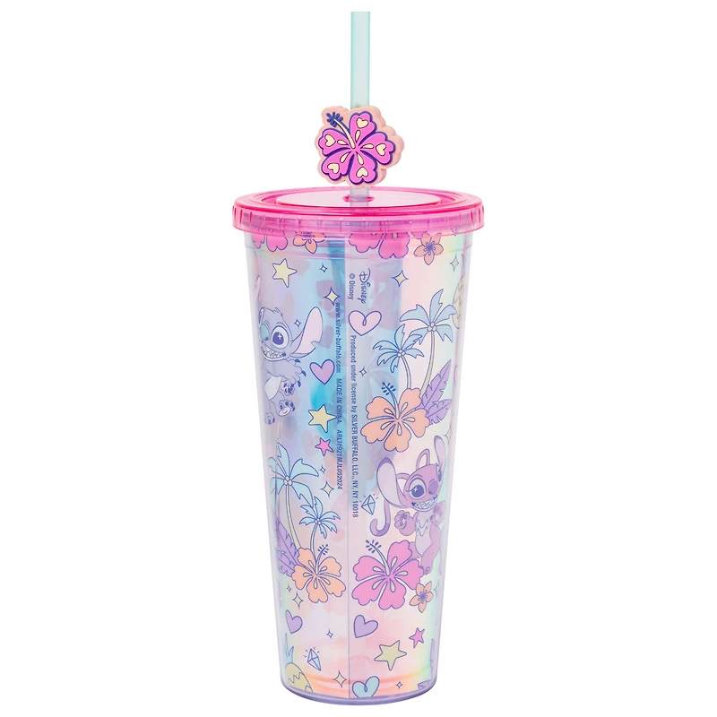 Lilo and Stitch - Stitch and Angel Pastel Pearlescent Plastic Cold 24oz Cup with Lid and Topper Straw