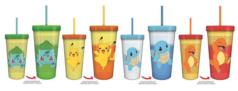 Pokemon Pika and Starters Boxed 4 pack Color Change 24oz Plastic Tumbler