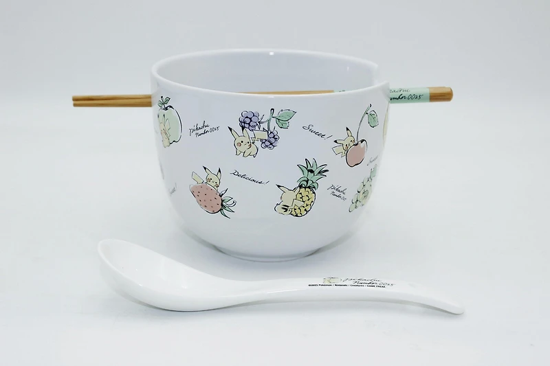 Pokemon Pikachu Lifestyle Fruit Script Toss Ceramic Ramen 20oz Bowl with Chopsticks and Spoon