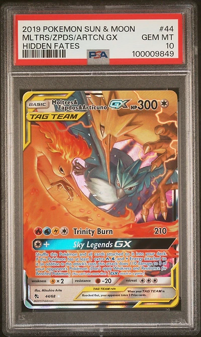 2019 Pokemon Sun & Moon Hidden Fates 44 Moltres & Zapdos & Articuno Gx PSA