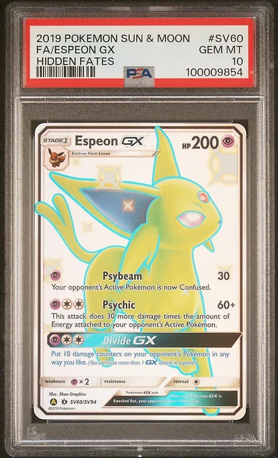2019 Pokemon Sun & Moon Hidden Fates Sv60 Full Art/espeon Gx PSA