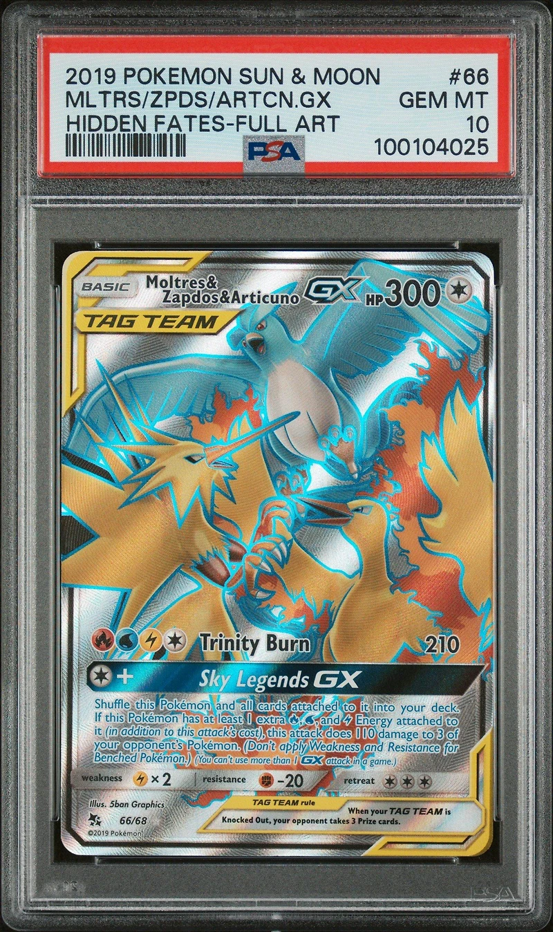 2019 Pokemon Sun & Moon Hidden Fates 66 Full Art/moltres & Zapdos & Articuno Gx PSA