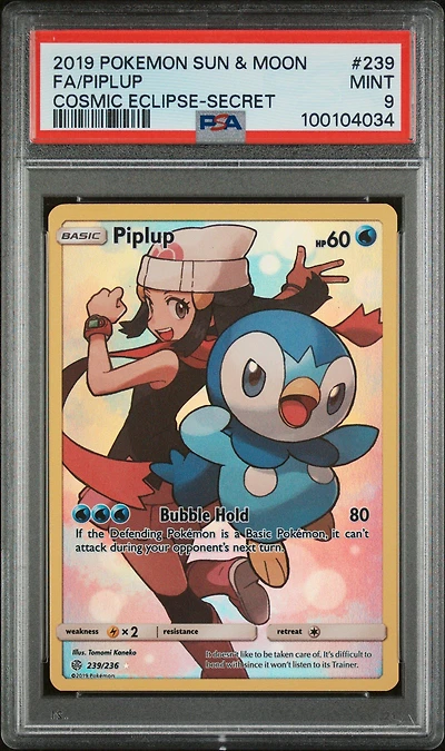 2019 Pokemon Sun & Moon Cosmic Eclipse 239 Full Art/piplup Secret PSA
