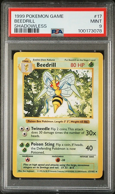 1999 Pokemon Game 17 Beedrill Shadowless PSA 9