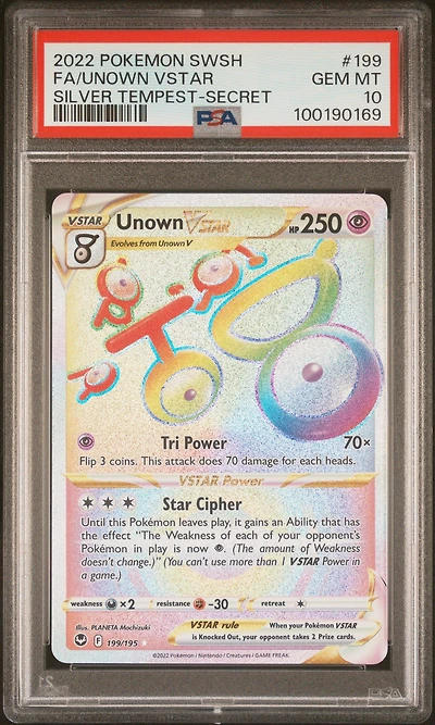 2022 Pokemon Sword & Shield Silver Tempest 199 Full Art/unown Vstar Secret PSA