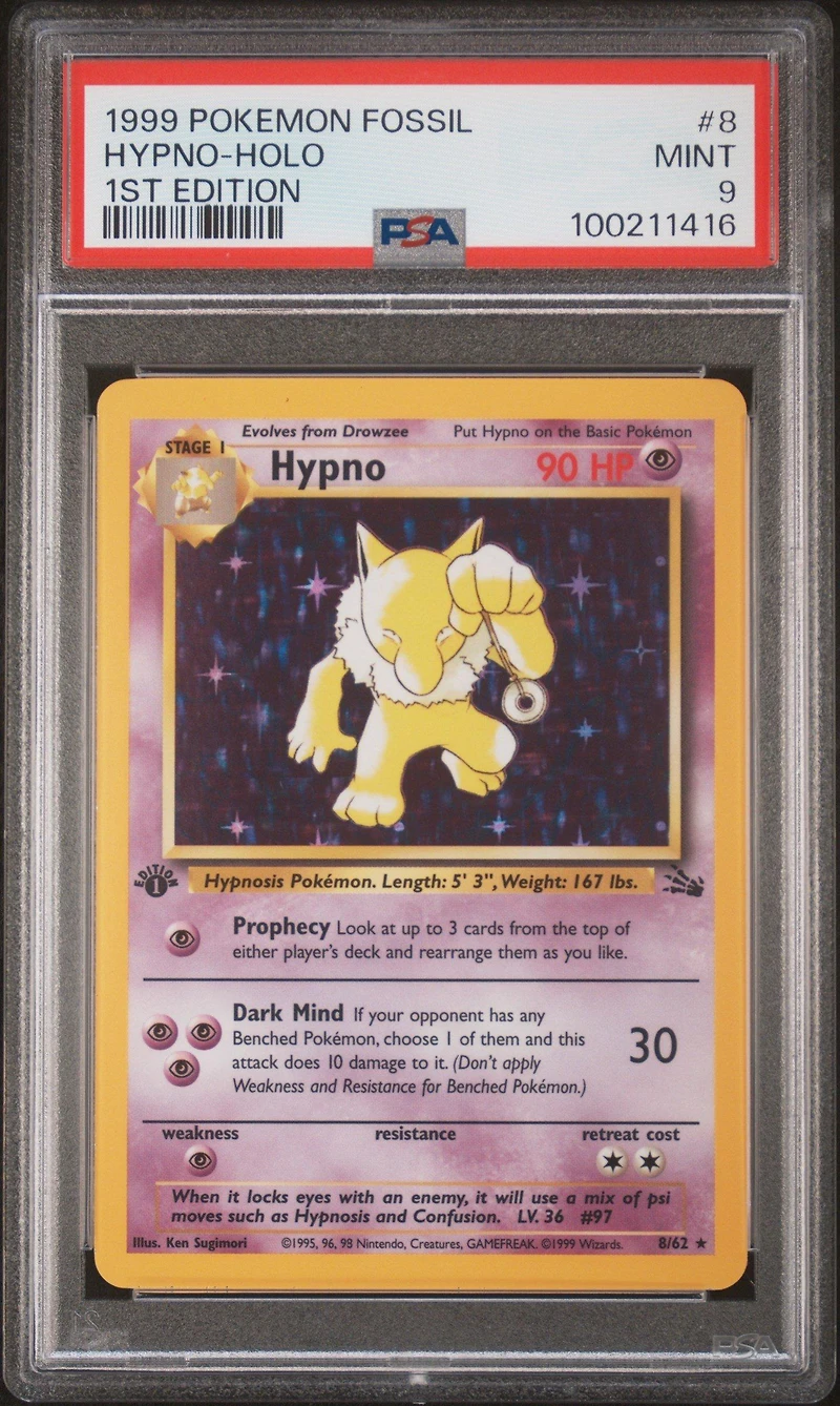1999 Pokemon Fossil 8 Hypno-holo 1st Edition PSA