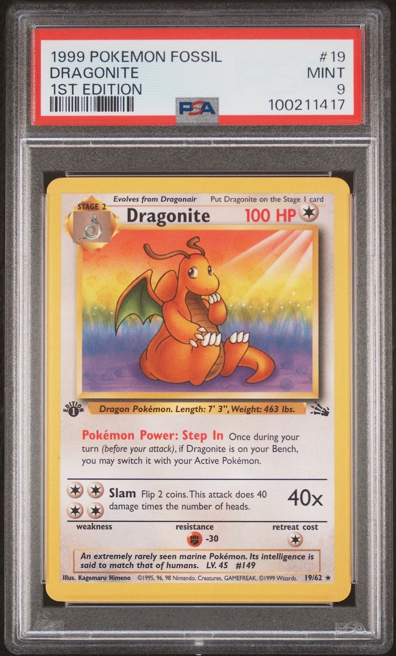 1999 Pokemon Fossil 19 Dragonite 1st Edition PSA