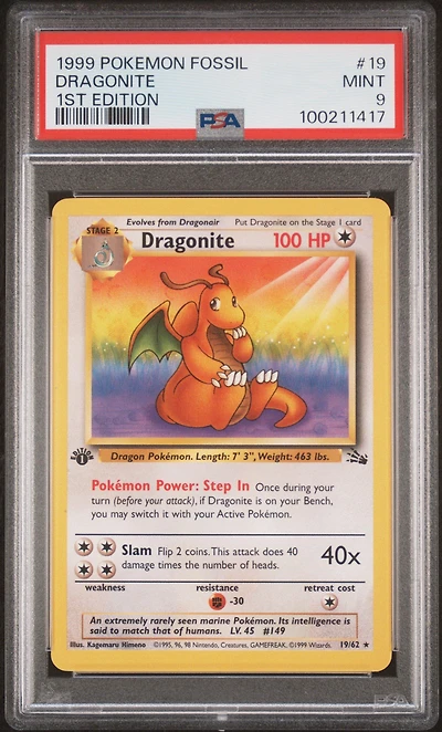 1999 Pokemon Fossil 19 Dragonite 1st Edition PSA
