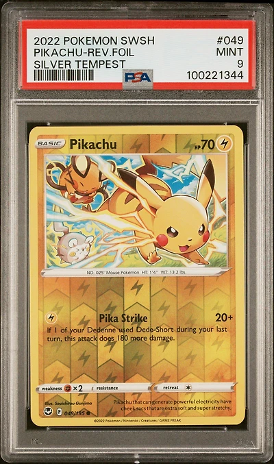 2022 Pokemon Sword & Shield Silver Tempest 049 Pikachu-reverse Foil PSA