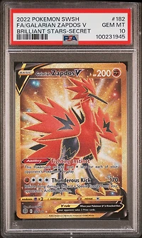 2022 Pokemon Sword & Shield Brilliant Stars 182 Full Art/galarian Zapdos V Secret PSA