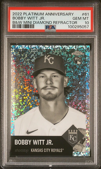2022 Topps Chrome Platinum Anniversary 61 Bobby Witt Jr. Black & White Mini Diamond Refractor PSA 10