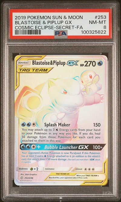 2019 Pokemon Sun & Moon Cosmic Eclipse 253 Full Art/blastoise & Piplup Gx Secret PSA