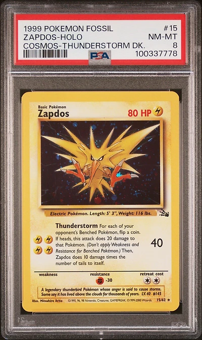 1999 Pokemon Fossil 15 Zapdos-holo Cosmos-thunderstorm Deck PSA