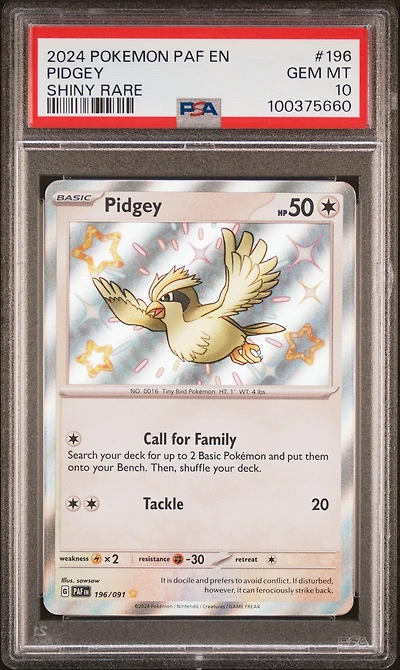 2024 Pokemon Paf En-paldean Fates 196 Pidgey Shiny Rare PSA