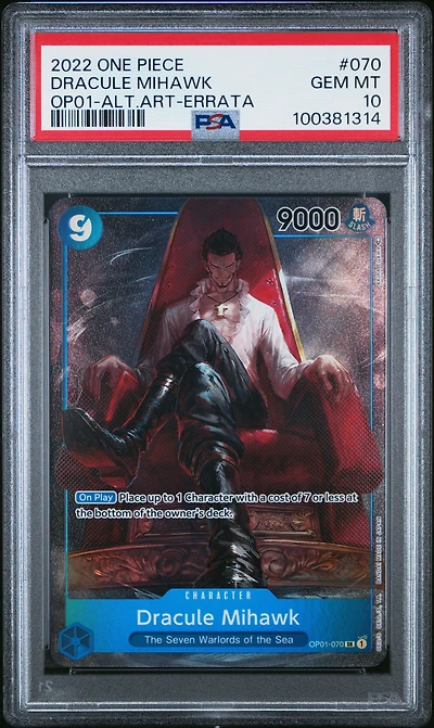 2022 One Piece Op01-romance Dawn 070 Dracule Mihawk Alternate Art-errata PSA 10