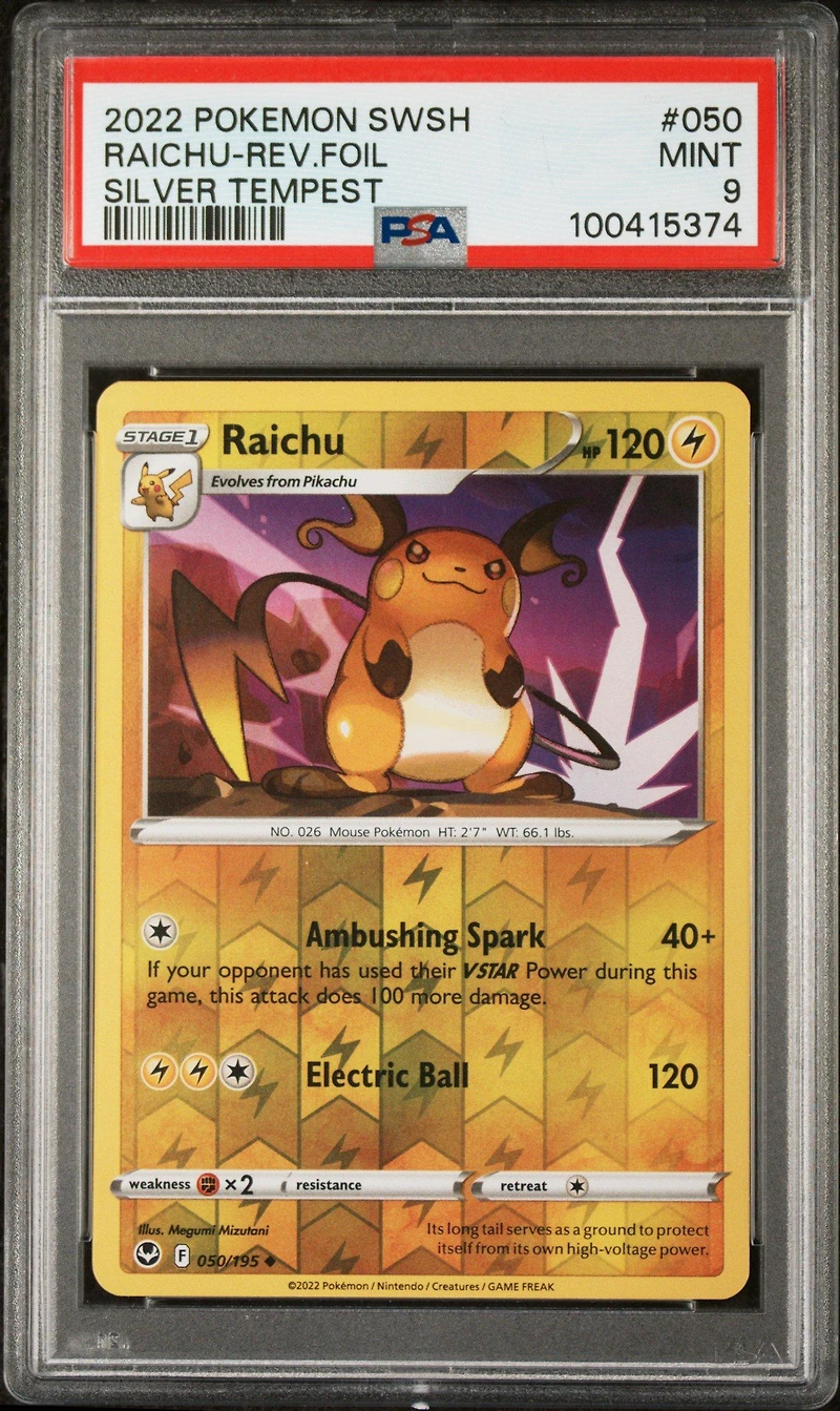 2022 Pokemon Sword & Shield Silver Tempest 050 Raichu-reverse Foil PSA 9