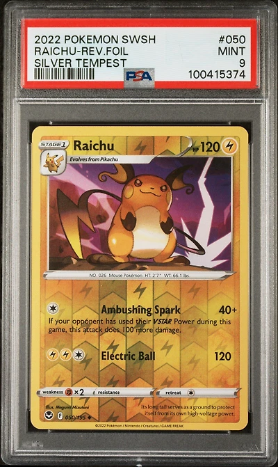 2022 Pokemon Sword & Shield Silver Tempest 050 Raichu-reverse Foil PSA 9