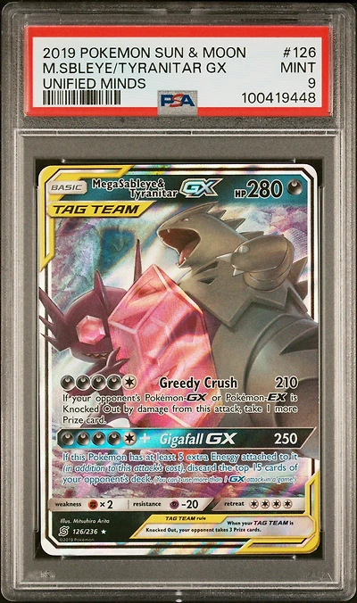 2019 Pokemon Sun & Moon Unified Minds 126 Mega Sableye & Tyranitar Gx PSA