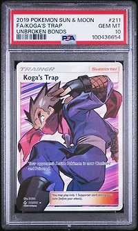 2019 Pokemon Sun & Moon Unbroken Bonds 211 Full Art/koga's Trap PSA